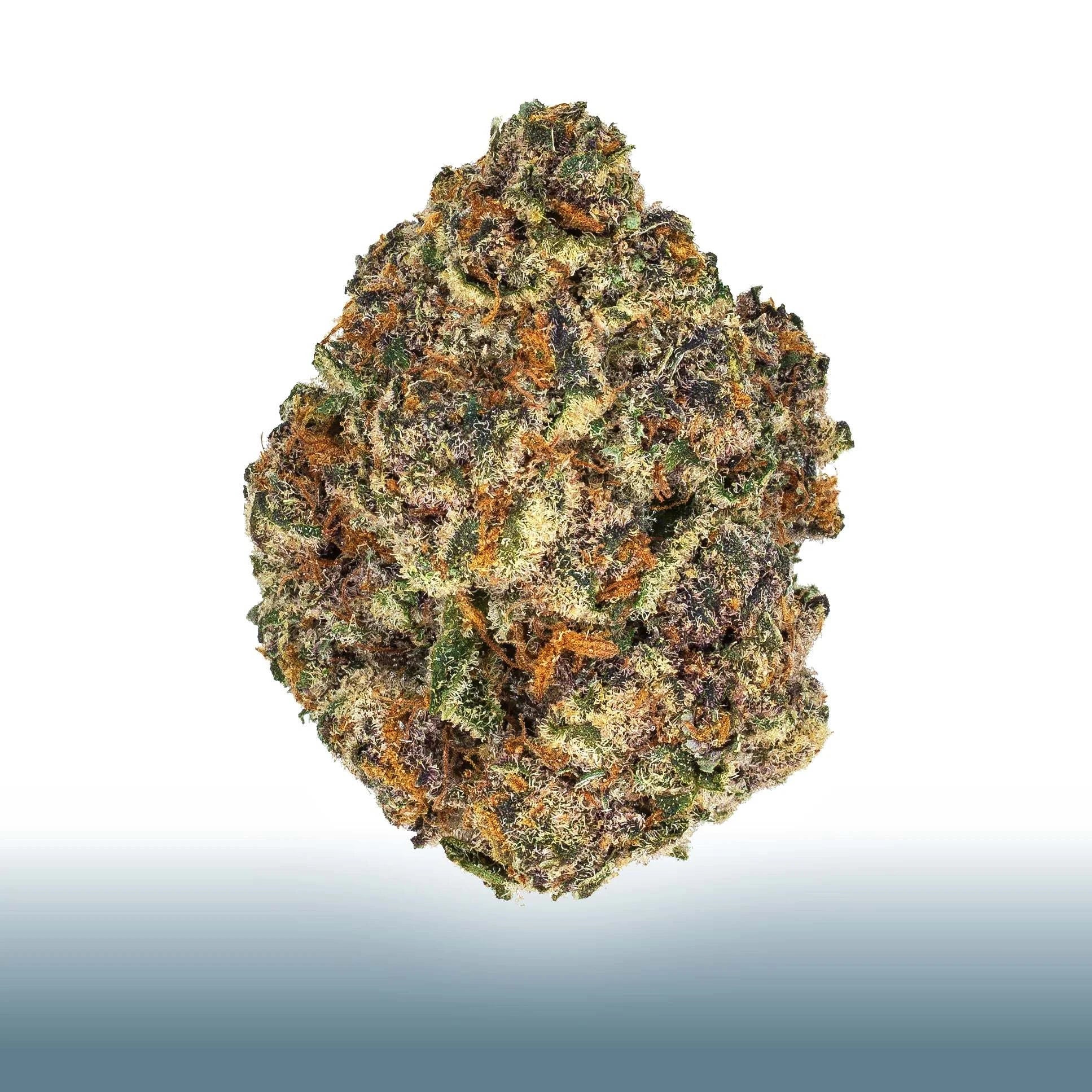 Collection of Close-up of a dense Pink Kush THCa flower bud with purple, orange, and green hues and frosty trichomes, indica-dominant hybrid with 31.659% total THC for relaxation and nighttime use in a gallery layout
