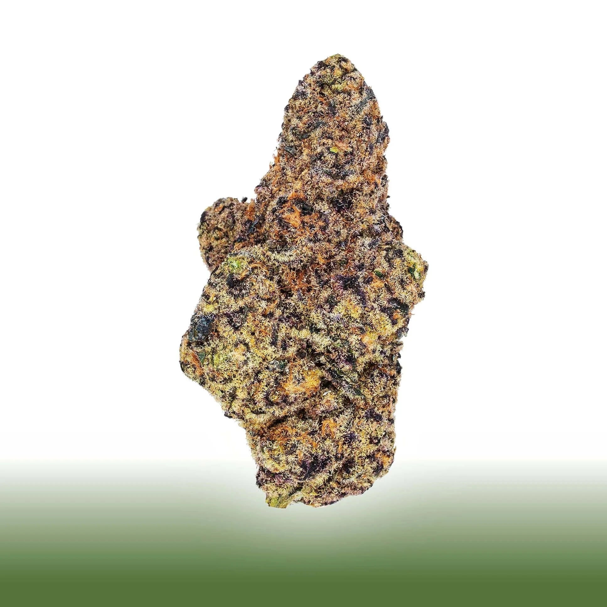 Collection of Close-up of Top-shelf Flower Trap Fuel cannabis bud with dense, colorful, frosty trichomes and hues of purple, green, and orange in a gallery layout