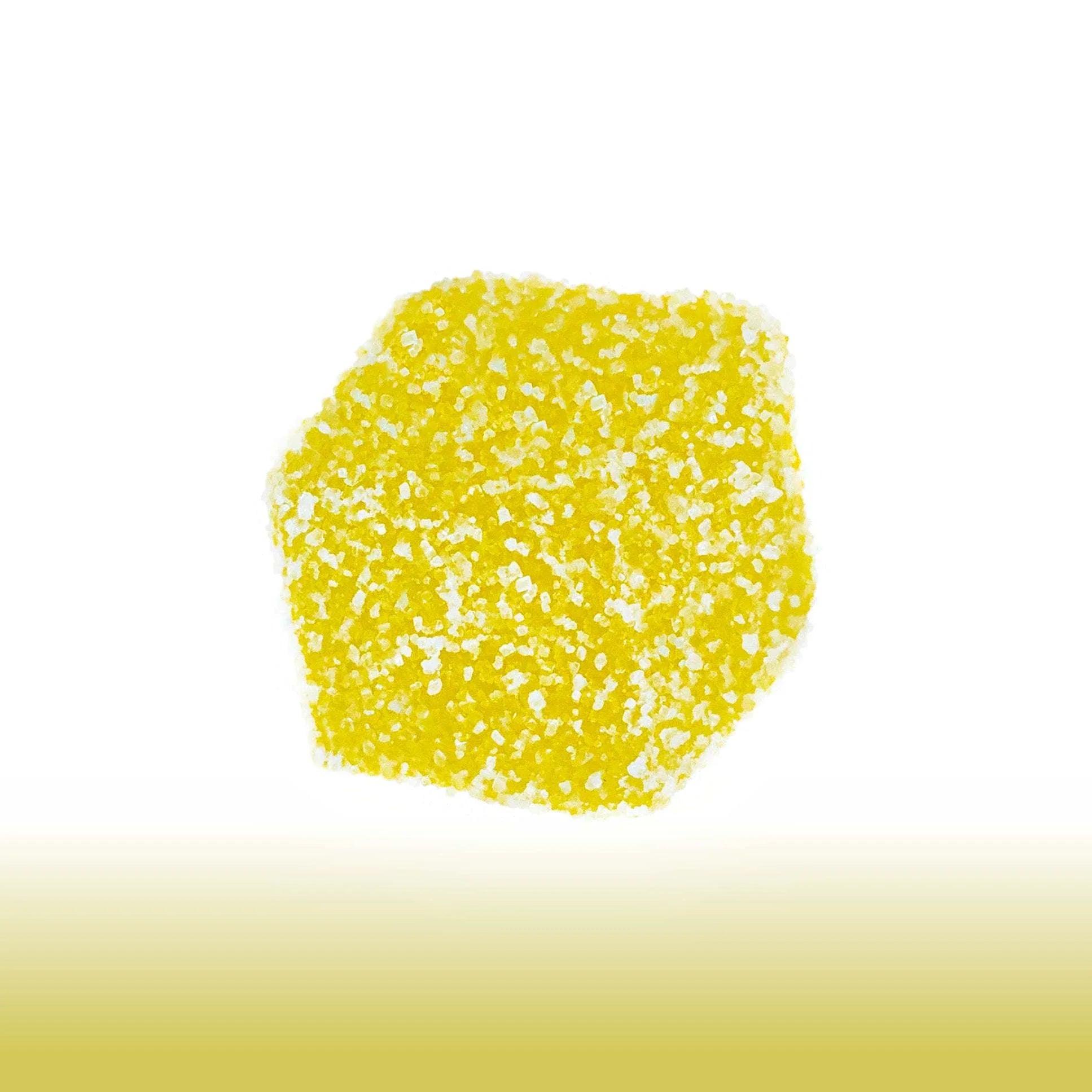 Collection of Yellow lemon-flavored Live Rosin Chew candy coated with sugar crystals in a gallery layout