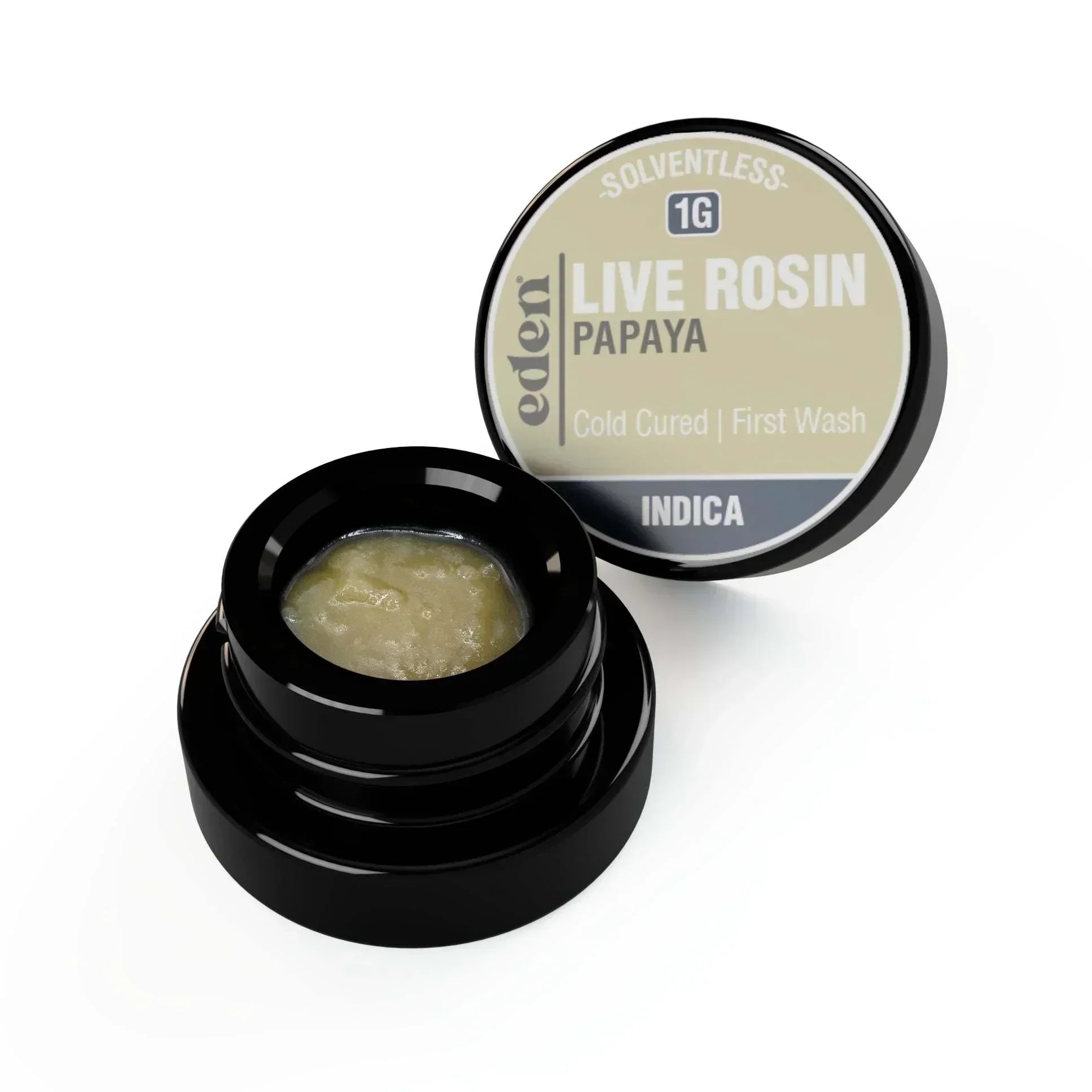 Collection of Live Rosin Dabs Papaya in black container with lid showing product details. in a gallery layout